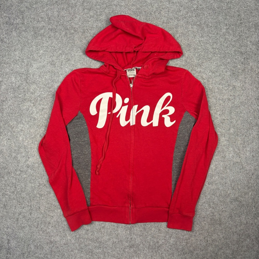 Pink Victoria's Secret Full Zip Hoodie Red Grey Side Panels Logo XS